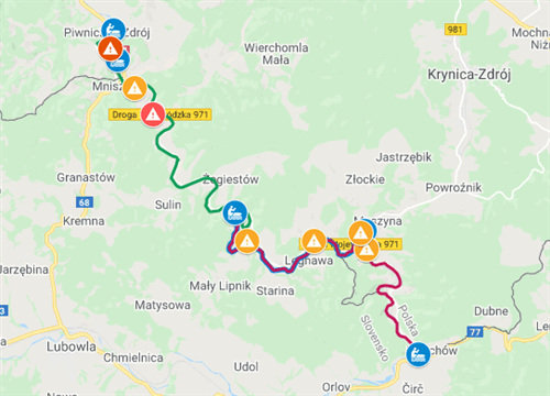 Szczegółówa mapa Google tras kajakowych i pontonowych na rzece Poprad.